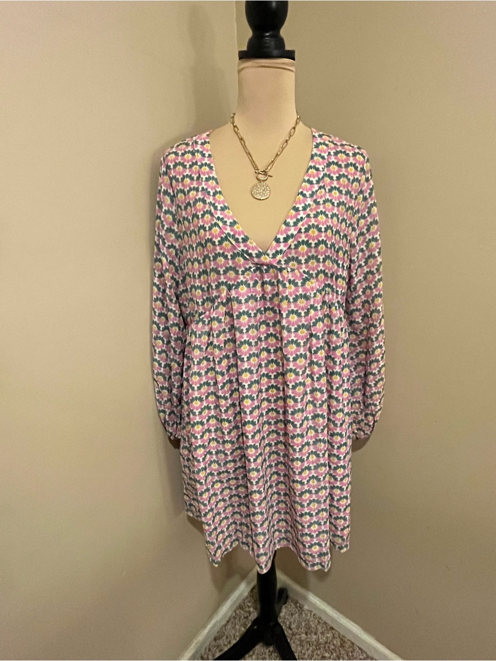 FLAWLESS Deep V-Neck Babydoll Mini Dress in Pink & Green Modern Floral, small